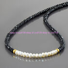 3mm Bright Black Spinel Gemstone & Natural White Rondelle Pearl Necklace 18'' AA