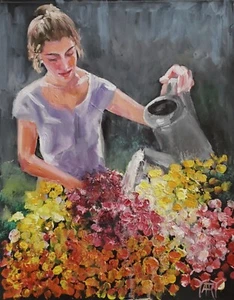 YARY DLUHOS Woman Garden Flower Female Girl Portrait Original Art Oil Painting - Picture 1 of 19
