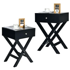 Set of 2 X-Shaped Nightstand Side End Table Bedside Table w/ Drawer Black - Picture 1 of 5