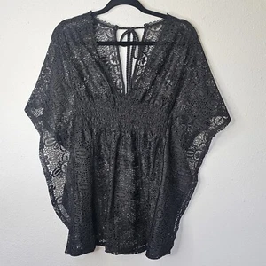 Black Lace Womens Swim Cover Tie Strings Tassels V Neck Elastic Waist - Picture 1 of 8