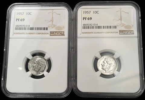 Collector Lot of 10 - 1957 Roosevelt Dime 10c Certified by NGC PF69 Cover