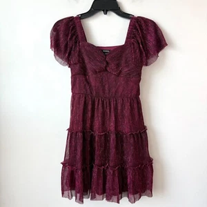 Zunie Metallic Tiered Plisse Dress Girls 10 Red Maroon Burgundy - Picture 1 of 6