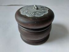 Vintage Indian Turned Wooden Lidded Pot Attached Pressed Silver Top Trinket Box