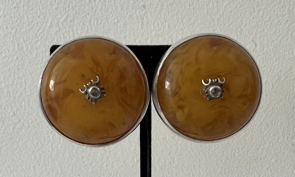 Pendientes de clip circulares ámbar de plata de ley 925 Foto 1 de 4