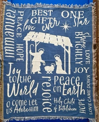 Manta Tapiz Belén Azul Blanco Mensajes Espirituales Navidad 50x60 Foto 1 de 4