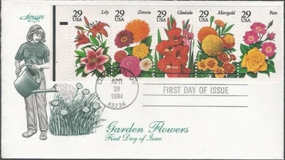 Scott 2833a FDC with Bklt Pane of 5 - 29 cents - Garden Flowers - 1994 - FDOI - Image 1 of 2