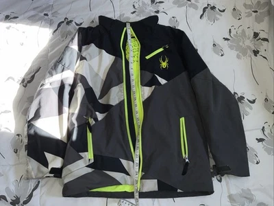 Spyder Black/Gray Geometric Jacket with Neon Accents Boys Size 14 Used - Image 1 of 4
