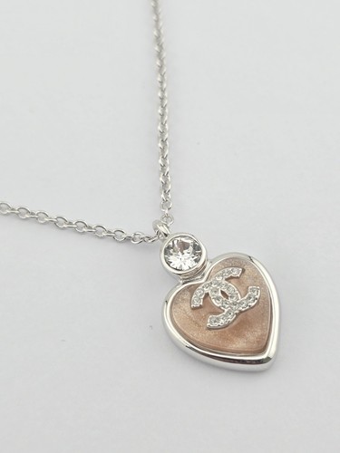 Collana Chanel CC rosa cuore pesca argento cristallo metallo B25