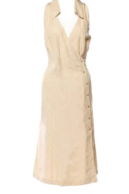 ESCADA Neutrals Beige Silk Linen V-Neck Wrap Midi Shirt Dress YOOX 36 S $1700 - Image 1 of 4