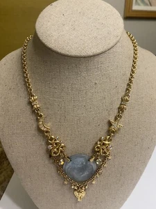 Vintage Kirks Folly Gold Tone Necklace Light Blue Frosted Cherubs Dream Angels - Picture 1 of 7