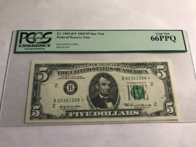 $5 1969 FRN Fr#1969-B NEW YORK, NY PCGS 66 PPQ Gem Uncirculated STAR * NOTE - Image 1 of 4