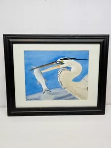 Original Watercolor Painting Great Blue Heron Art on Paper Signed Framed 15x12” - Picture 1 of 7