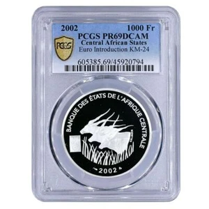 Central Africa 1000 francs Euro Introduction Antilopes PR69 PCGS Ag coin 2002 - Picture 1 of 2