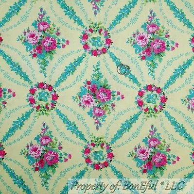 BonEful Fabric FQ Cotton Quilt VTG Yellow Pink Rose Flower Garden Damask Cottage - Image 1 of 4