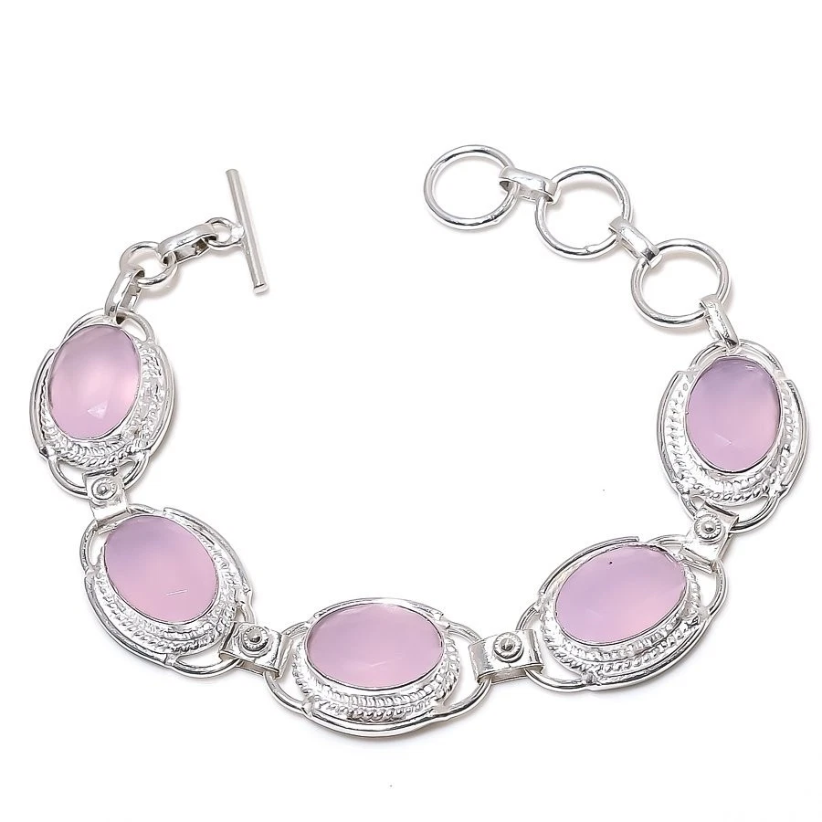 Brazalete de joyería de plata de ley 925 hecho a mano con piedras preciosas de cuarzo rosa tamaño 7-8" Foto 1 de 1