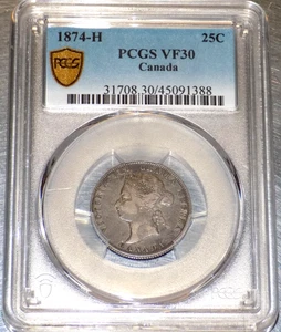 1874H Canada Silver 25 Cents PCGS VF30 VERY FINE CANADIAN CERTIFIED COIN KM 5 - Picture 1 of 4