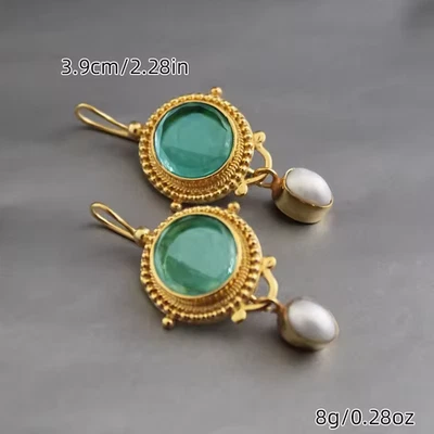 Pendientes de cuarzo eduardiano estilo vintage perla verde oro camafeo flor geométrica Foto 1 de 2