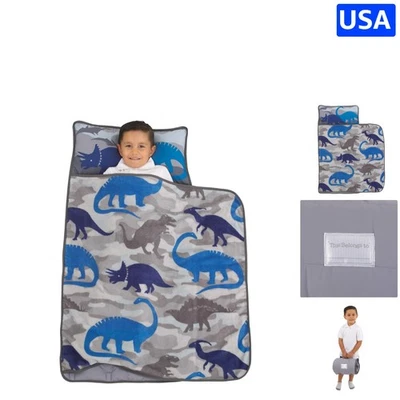 Alfombrilla acolchada para siesta Dino azul y gris con almohada - súper suave y lavable a máquina Foto 1 de 4