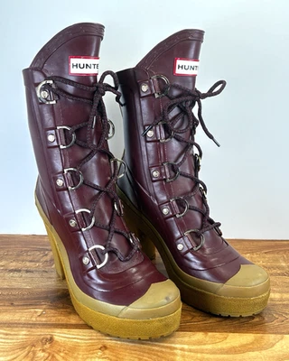 Botas de lluvia Hunter Gabby Lapin de tacón alto borgoña con cordones para mujer talla 7 Foto 1 de 4