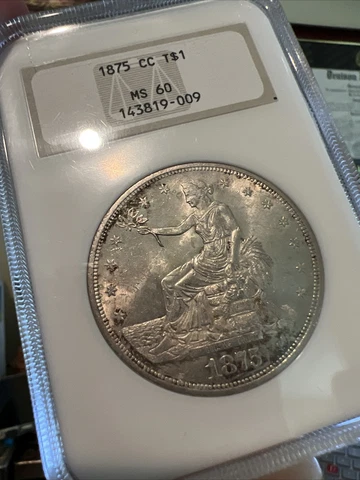 1875 CC NGC MS60 Carson City Trade Silver Dollar WOW first gen old fatty slab! Cover