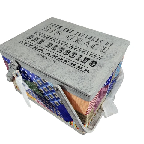 DaySpring "Redeemed" Picnic Basket John 1:16 Side Color Patchwork Scripture 15" Cover