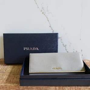 Prada Grey Saffiano Leather Continental Wallet Flap Bifold Gold Logo Long Italy - Picture 1 of 15