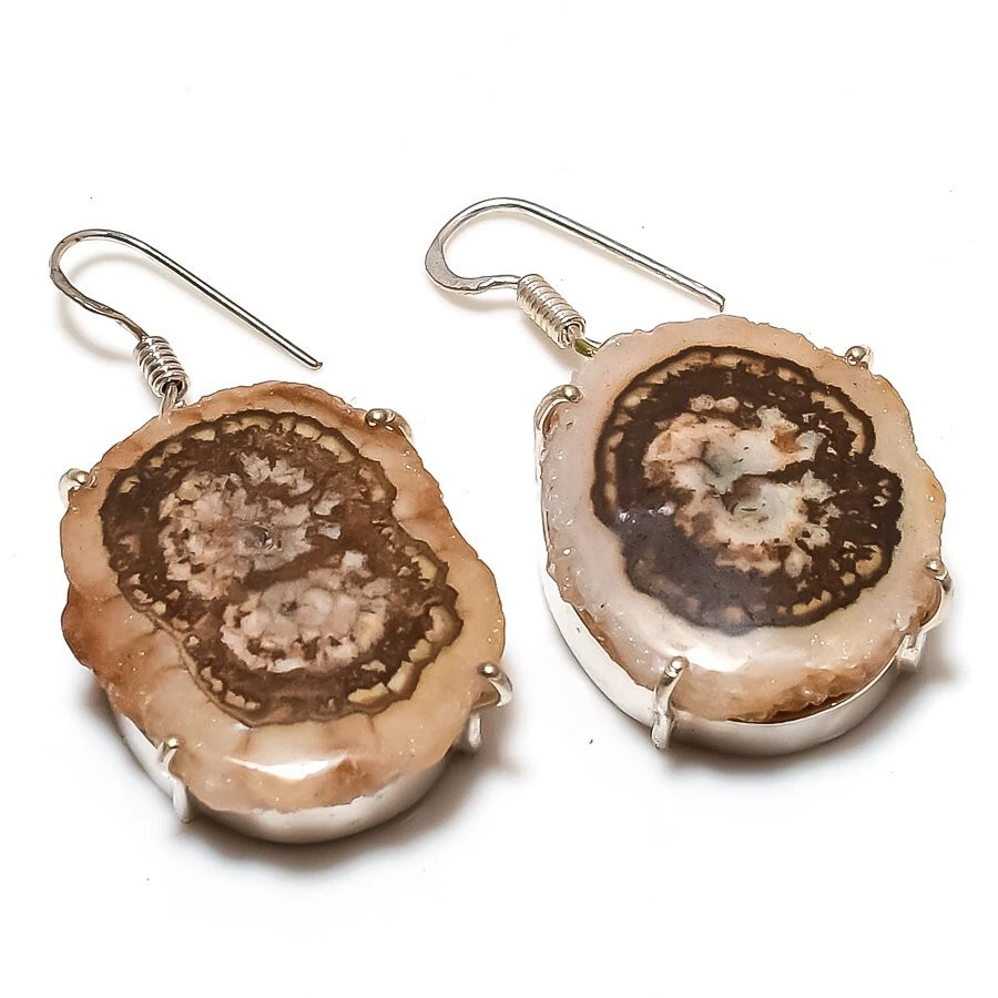 Brown Solar Quartz Druzy Gemstone Silver Plated Dangle Earrings Jewelry 2" - Image 1 of 1