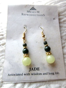 MUSEUM REPRODUCTIONS BOSTON JADE EARRINGS DANGLE VTG NEW 1.75" DROP GOLD TONE - Picture 1 of 6