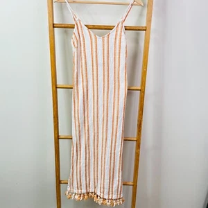 Tigerlily Maxi Dress Womens 6 White Orange Striped Linen Sleeveless Tasseled Hem - Picture 1 of 12