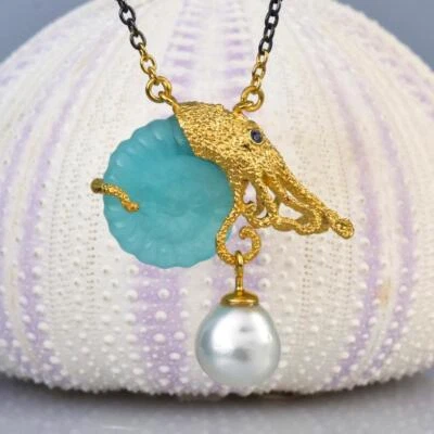 Necklace Nautilus Chalcedony South Sea Pearl Gold Vermeil Sterling Silver 13.81g - Image 1 of 4