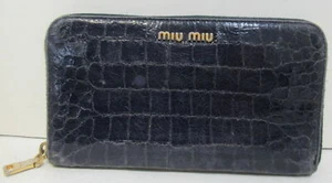 MIU MIU Navy Blue Croc Embossed Leather Zip around Wallet gold metal logo - Picture 1 of 9