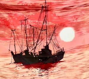 Vintage 60s Square Water Resistant Acetate Twill Scarf Ship Art Copper Orange - Picture 1 of 3