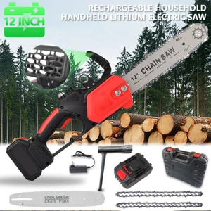 12" Electric Chainsaw Cordless Handheld Chain Saw Wood Cutter + Battery 2 Chains - Picture 1 of 19