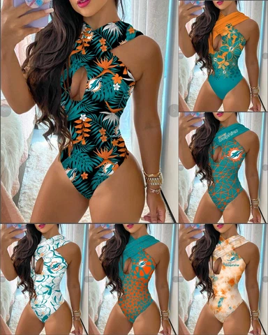 Miami Dolphins Criss Cross Swimsuit One Piece Cutout Bikini Bathing Wear Gifts Cover