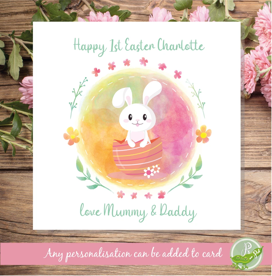 Personalised Name Cute Easter Bunny Easter Egg 1st Easter Card - Image 1 of 4