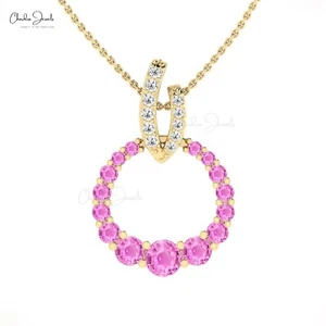14k Solid Gold Open Circle Pendant 1.67 CTW Pink Sapphire Diamond Necklace Gift - Picture 1 of 22