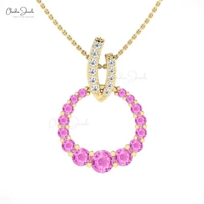 14k Solid Gold Open Circle Pendant 1.67 CTW Pink Sapphire Diamond Necklace Gift - Image 1 of 4