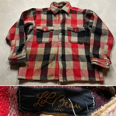 Vintage 50s LL Bean Flannel Shirt Jacket Heavy Wool M Script Logo Buffalo Red - Image 1 of 4