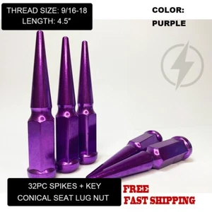 FIT FORD E150/250/350 F250/350 4.5'' SPIKE LUG NUT 9/16-18 PURPLE 32PC+KEY - Picture 1 of 4