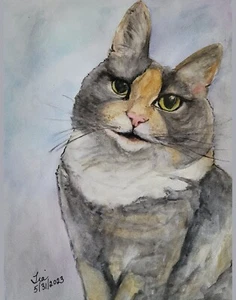 Impresión o Lienzo - Gato Gris alias "Fat Baby" en Acuarela - Arte Original - Imagen 1 de 1