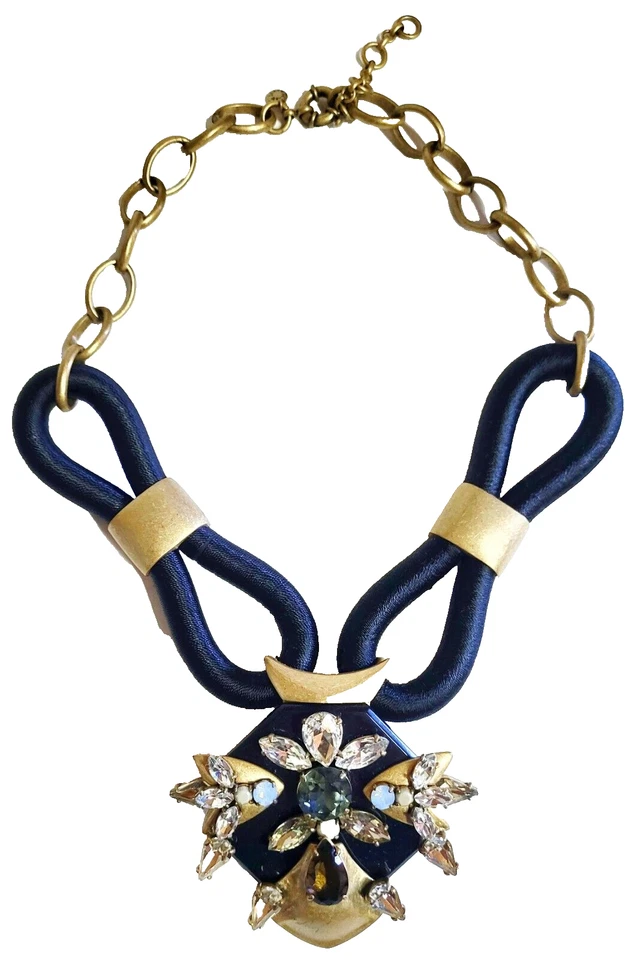 J.Crew Corded Medallion Statement Necklace Black Multi Light Gold Ox Brass B1692 - Image 1 of 4