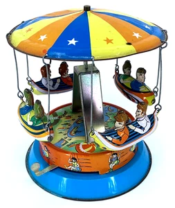 VTG Push Lever Tin Litho Carousel Merry-Go-Round Wind Up Spinning Canoe Gondolas - Picture 1 of 9