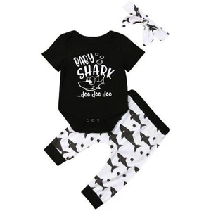 Baby Cute Shark Romper Jumpsuit Bodysuit Long Pants Headband (Black, 0-3 Months) - Picture 1 of 4