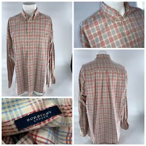 Burberry London Long Sleeve Button Shirt XL Tan Red Blue Plaid Cotton YGI A2-173