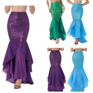 Women Mermaid Tail Halloween Party Costume Shiny Sequin Long Skirt Fancy Dress - Picture 1 of 35