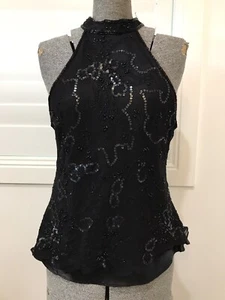 Y2K 90s Negro 100% Seda Halter Cuello Cuentas Sewuin Bordado Noche Top Talla 14 - Imagen 1 de 11