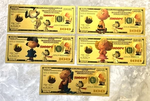 5 Stück 24k Gold Foil Plated Peanuts Charlie Brown Snoopy Banknoten Set Neuwertig - Bild 1 von 7