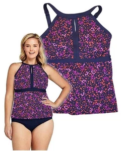 LANDS' END donna 12 DDD COLLO ALTO BUCO DELLA SERRATURA TANKINI TOP MARE PROFONDO BLU NAVY FLOREALE - Foto 1 di 3