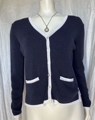 Cardigã vintage top azul marinho branco malha elegante Jackie estilo O chique anos 90 botão para cima XS - Imagem 1 de 4