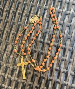 Antique French Rosary Real Coral Beads Orange gold Plated Sterling Silver 15” - Picture 1 of 17